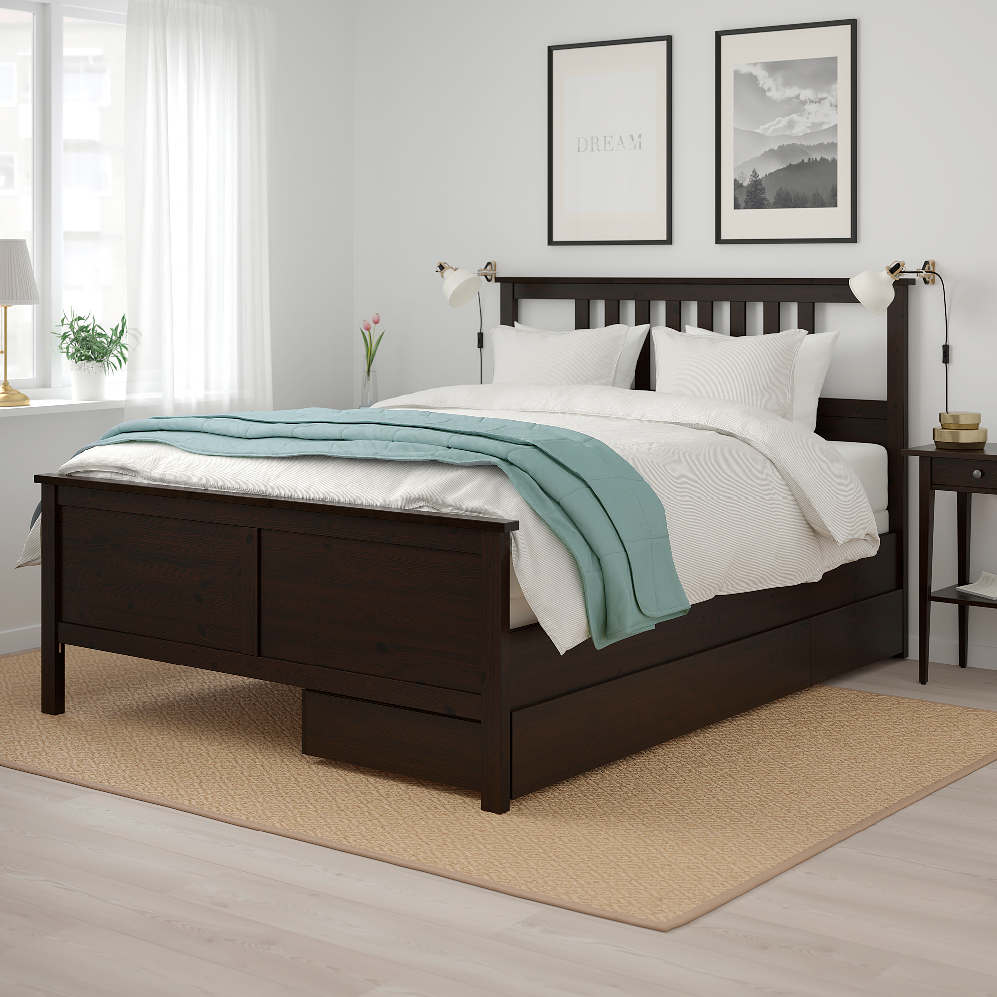 HEMNES Bed frame with 2 storage boxes, blackbrown, Espevär, Full IKEA