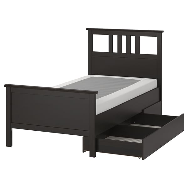 HEMNES Bed frame with 2 storage boxes, black-brown/Lyngör white, Twin