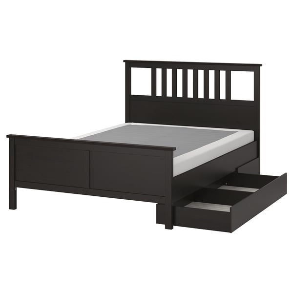 HEMNES Bed frame with 2 storage boxes, black-brown/Lyngör white, King
