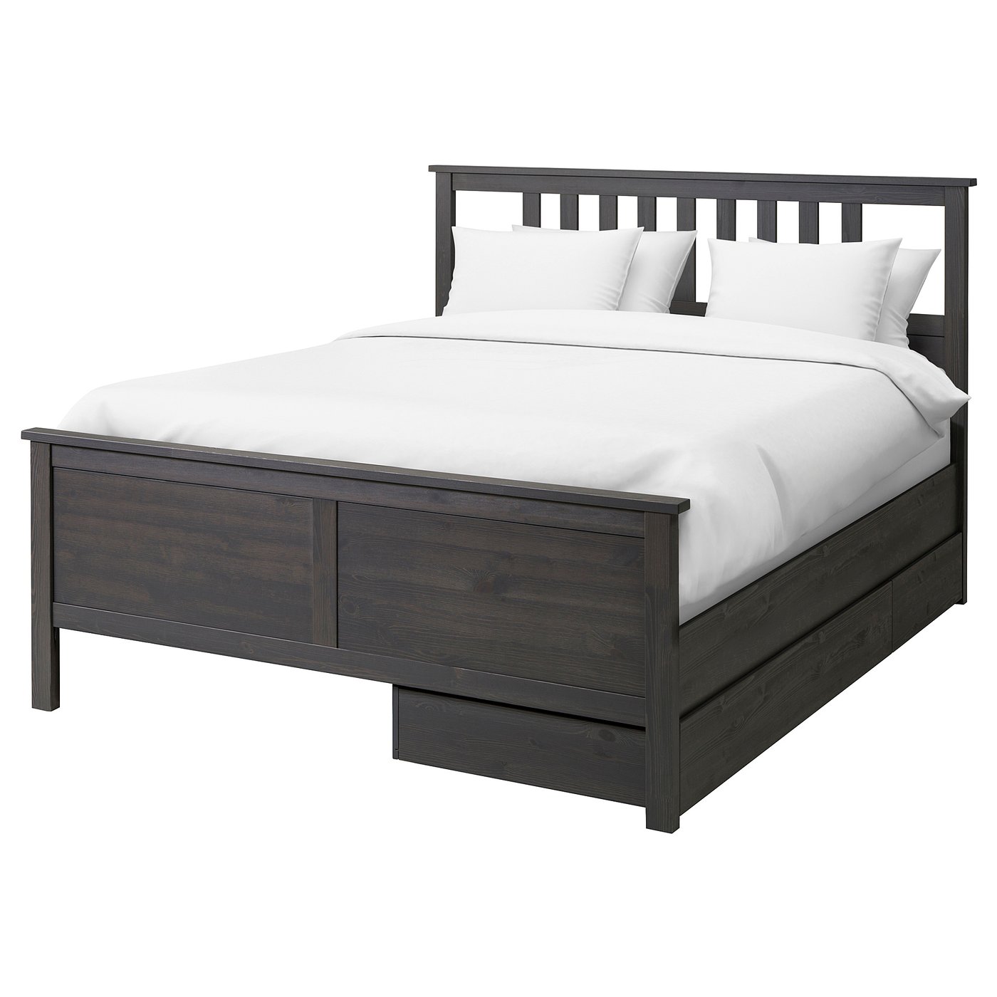 HEMNES Bed frame with 2 storage boxes, dark gray stained/Espevär, Queen