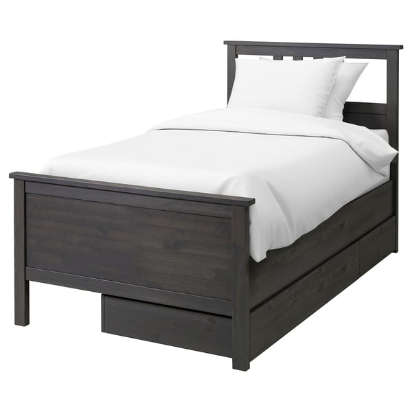 HEMNES Bed frame with 2 storage boxes, dark gray stained/Espevär, Twin