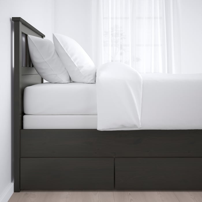 HEMNES Bed frame with 2 storage boxes, dark gray stained/Espevär, Twin
