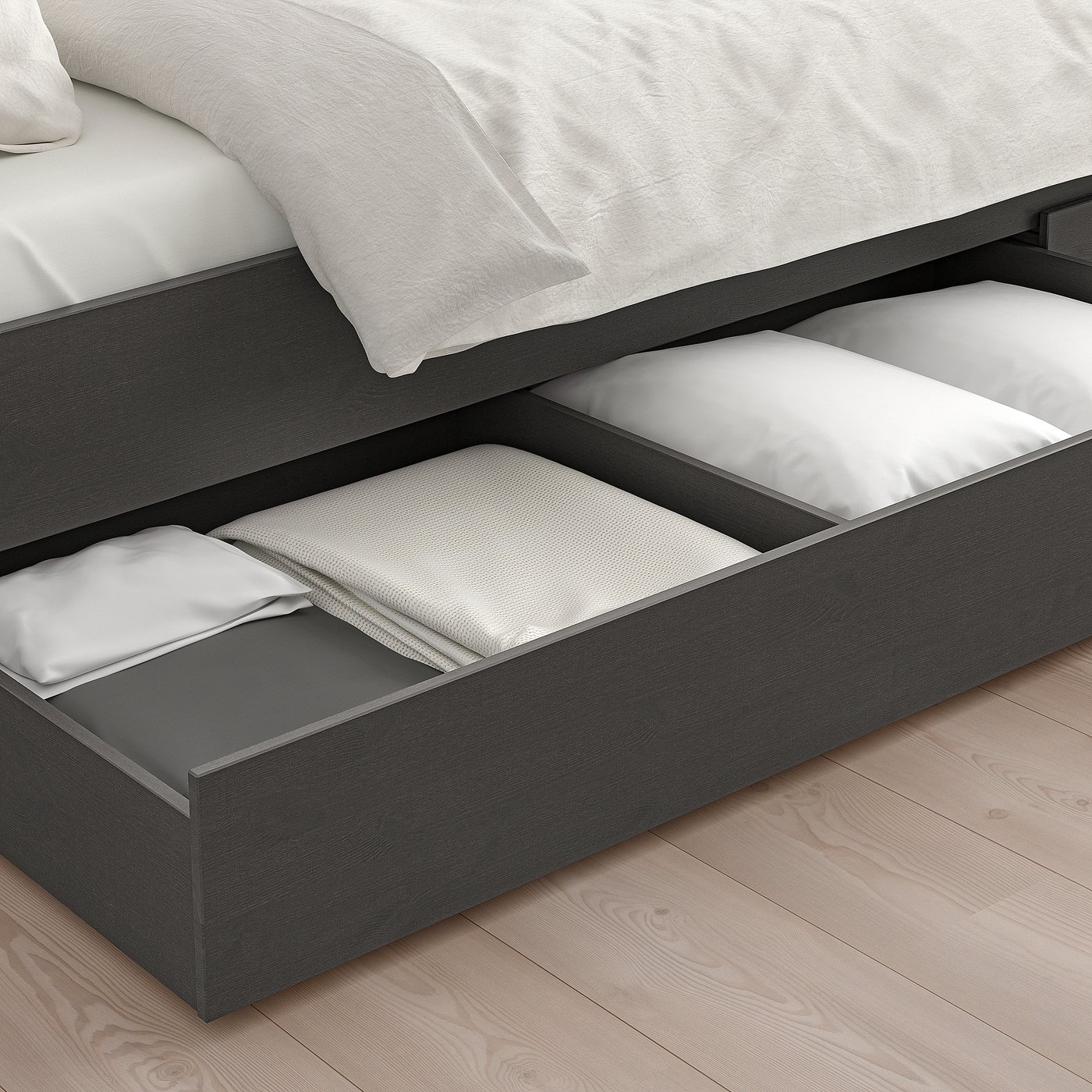 HEMNES bed frame with 2 storage boxes, dark gray stained/Lönset