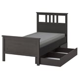 HEMNES Bed frame with 2 storage boxes, dark gray stained/Lyngör dark gray, Twin