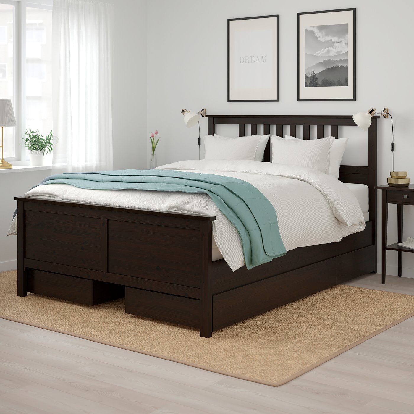 HEMNES Bed frame with 4 storage boxes, blackbrown/Espevär, Queen IKEA