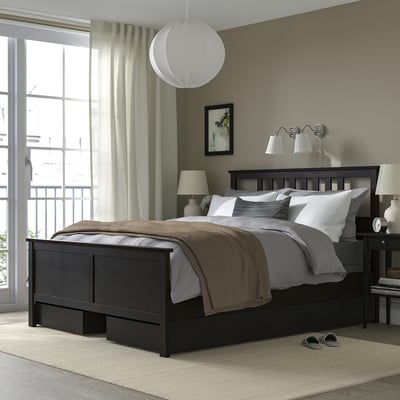 HEMNES Bed frame with 4 storage boxes, black-brown/Lyngör dark gray, King