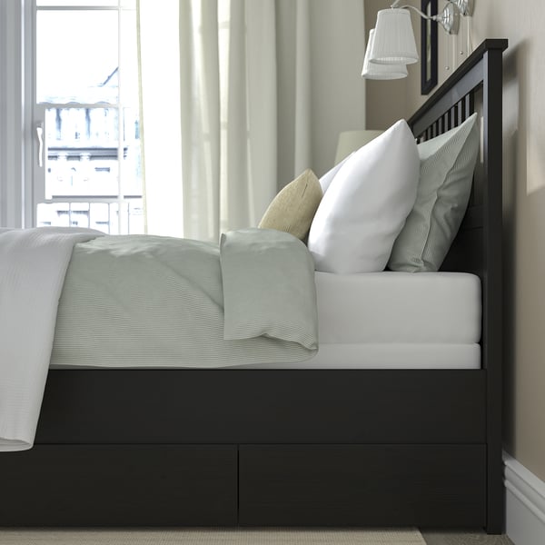 HEMNES Bed frame with 4 storage boxes, black-brown/Lyngör white, King