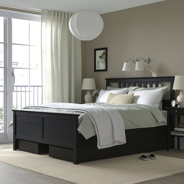 HEMNES Bed frame with 4 storage boxes, black-brown/Lyngör white, King