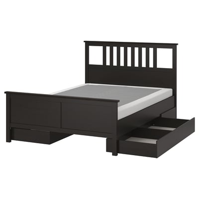 HEMNES Bed frame with 4 storage boxes, black-brown/Lyngör white, King
