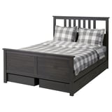 HEMNES Bed frame with 4 storage boxes, dark gray stained/Luröy, Full