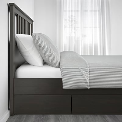 HEMNES Bed frame with 4 storage boxes, dark gray stained/Luröy, Full