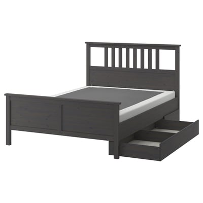 HEMNES Bed frame with 4 storage boxes, dark gray stained/Lyngör white, Full