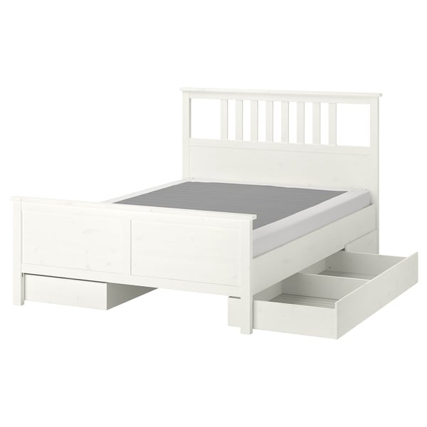 HEMNES Bed frame with 4 storage boxes, white stain/Lyngör white, Queen