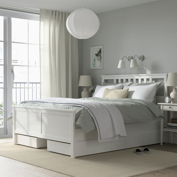 HEMNES Bed frame with 4 storage boxes, white stain/Lyngör white, Queen