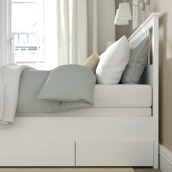 HEMNES Bed frame with 4 storage boxes, white stain/Lyngör white, Queen