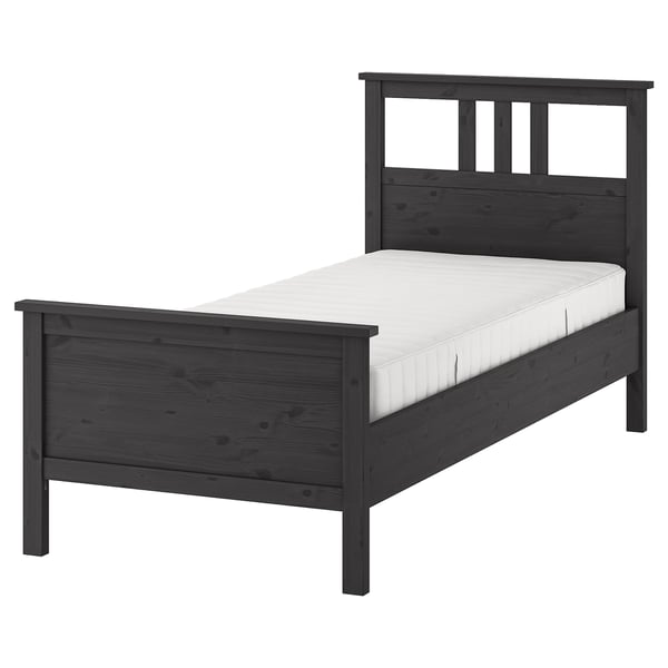 HEMNES Bed frame with mattress, dark gray stained/Valevåg firm, Twin