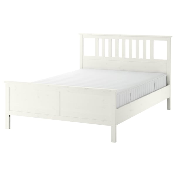 HEMNES Bed frame with mattress, white stain/Valevåg medium firm, Queen