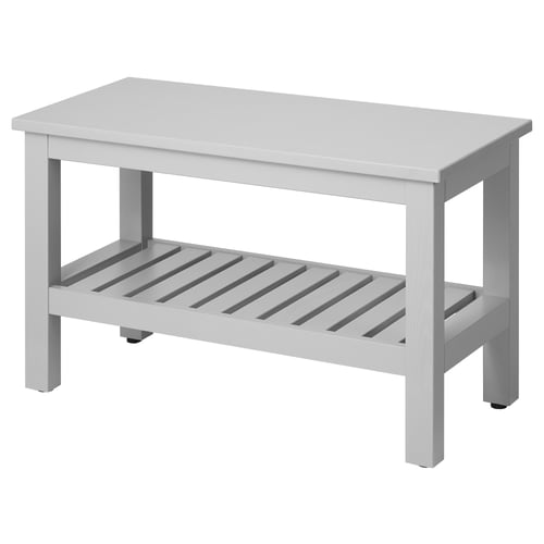 A white HEMNES bench, rectangular with a lower shelf, made of solid pine.