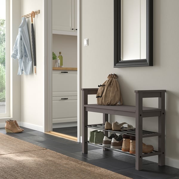 HEMNES Bench with shoe storage, dark gray stained, 331/2x125/8x255/8