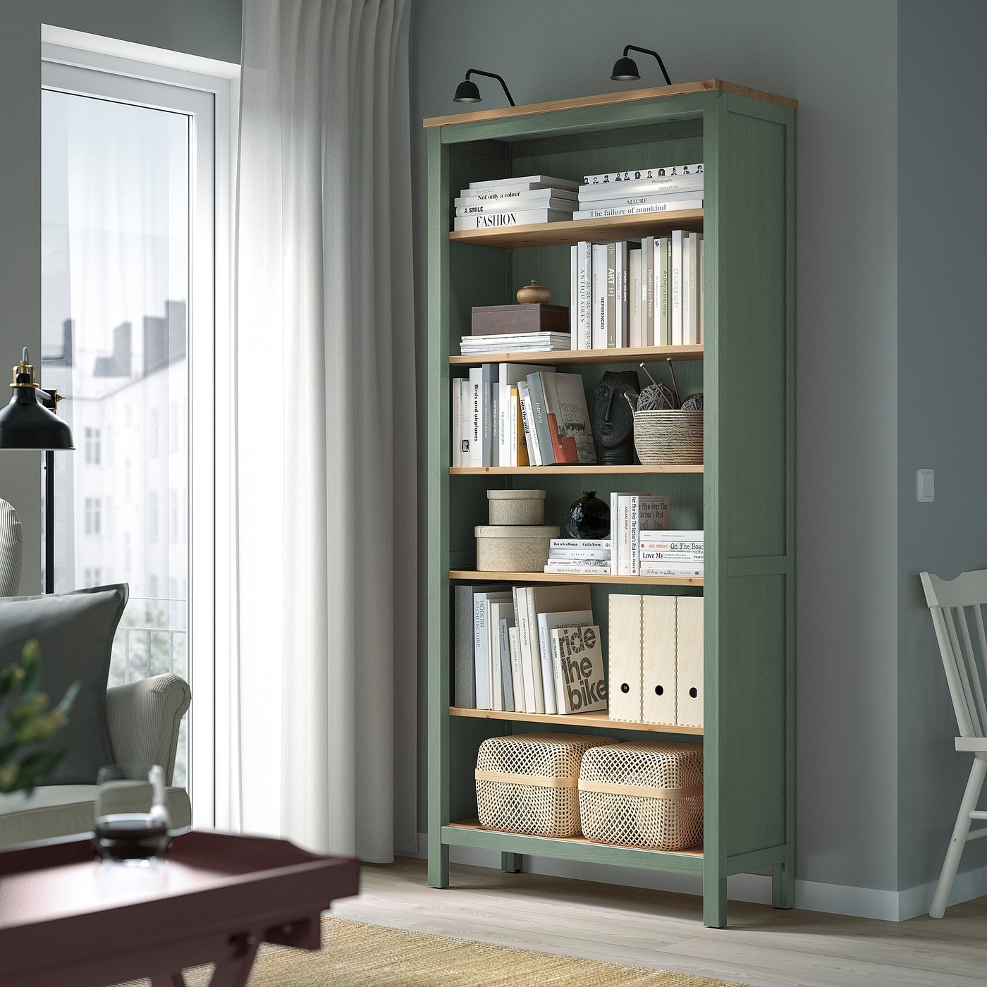 HEMNES bookcase, gray-green/light brown stained, 353/8x771/2