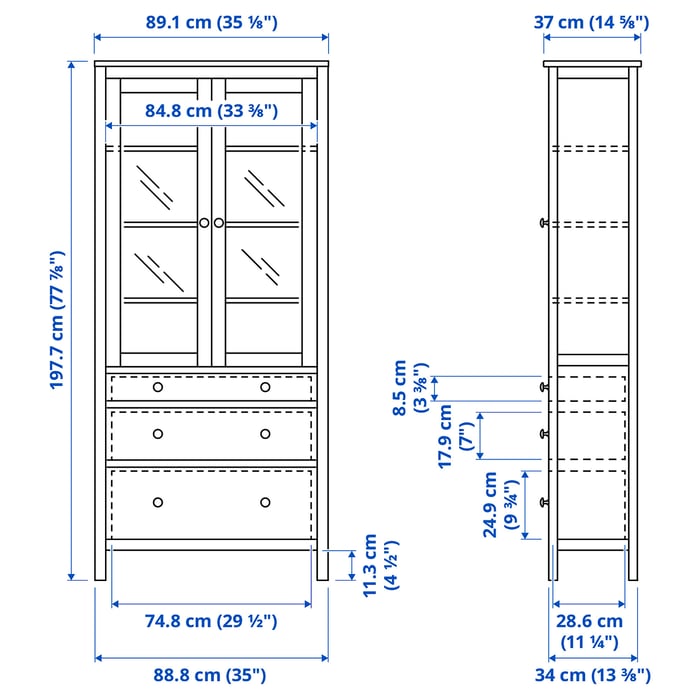 HEMNES Glassdoor with 3 drawers, blackbrown, light brown, 35