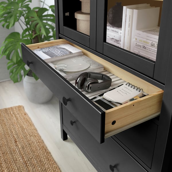 HEMNES Glass-door cabinet with 3 drawers, black-brown/light brown, 35 3/8x77 1/2 "