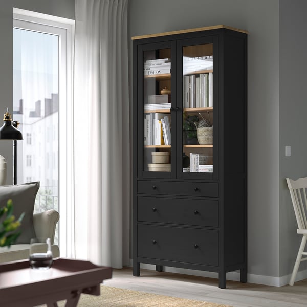 HEMNES Glass-door cabinet with 3 drawers, black-brown/light brown, 35 3/8x77 1/2 "