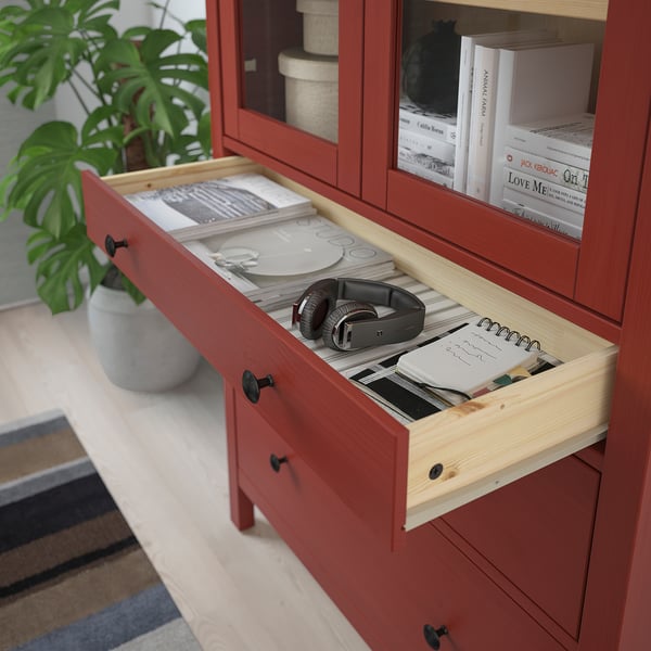 HEMNES Glass-door cabinet with 3 drawers, red stained/light ...
