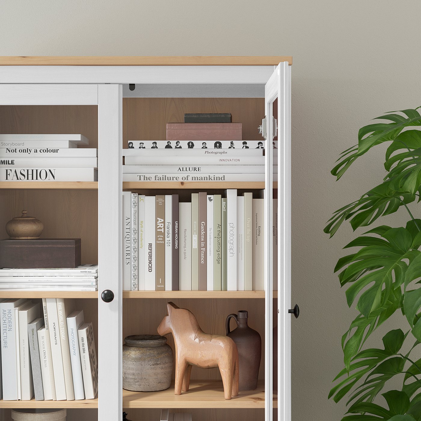 HEMNES Glass-door cabinet with 3 drawers, white stain, light brown