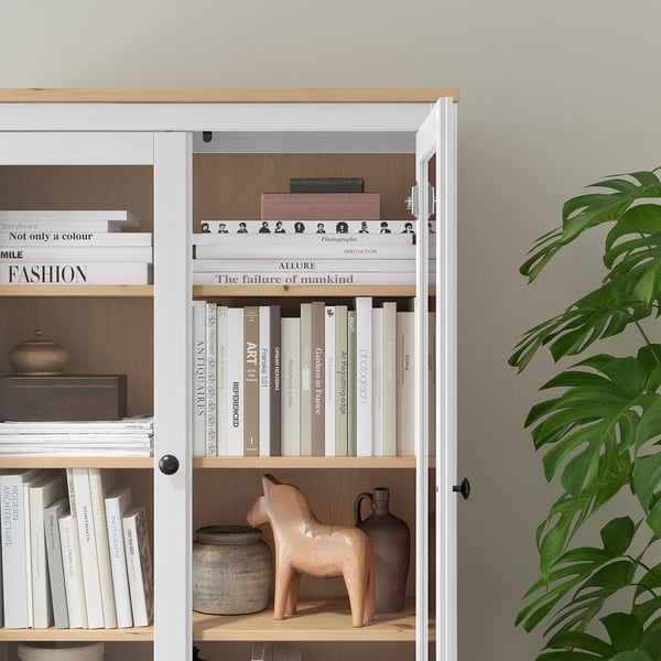 HEMNES Glass-door cabinet with 3 drawers, white stain/light brown, 35 3/8x77 1/2 "