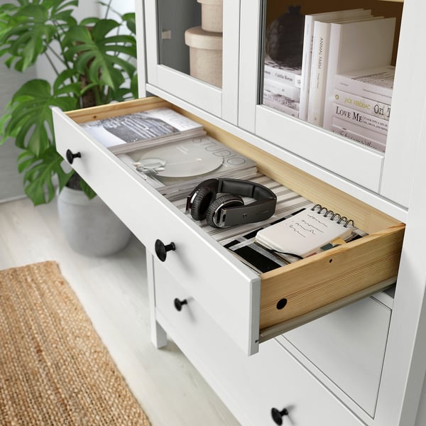 HEMNES Glass-door cabinet with 3 drawers, white stain/light brown, 35 3/8x77 1/2 "