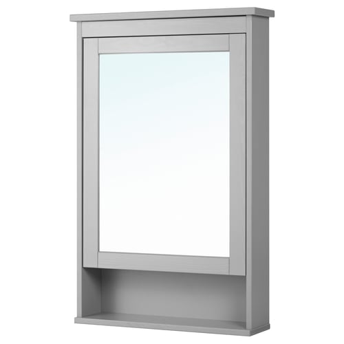 Grey HEMNES mirror cabinet with glass shelves, sleek design.