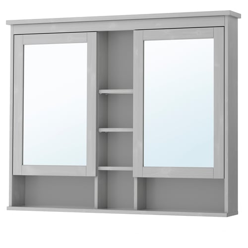 A grey HEMNES mirror cabinet with glass doors and shelves, designed for bathroom storage.