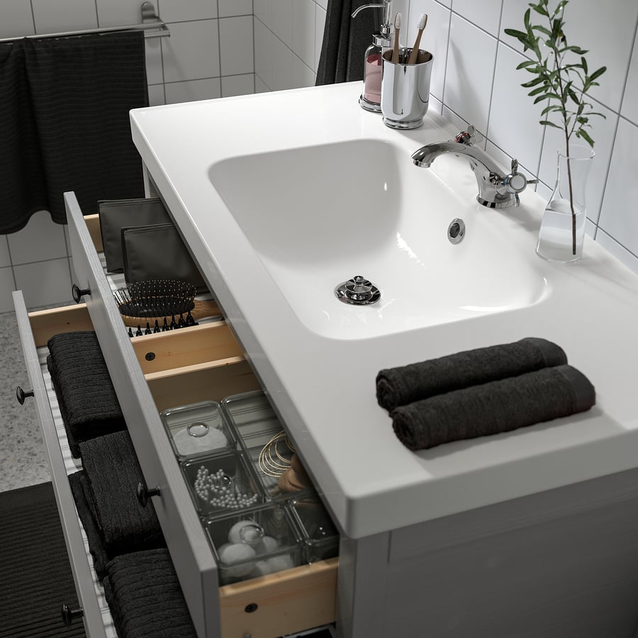 HEMNES / ODENSVIK Open sink with 2 drawers, gray/Runskär faucet