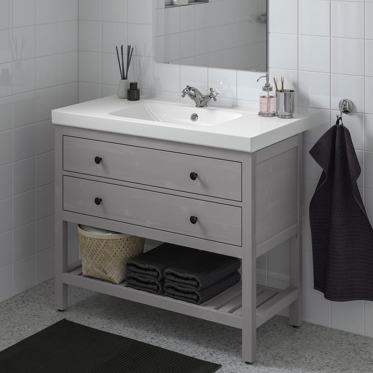 HEMNES / ODENSVIK Open sink with 2 drawers, gray/Runskär faucet