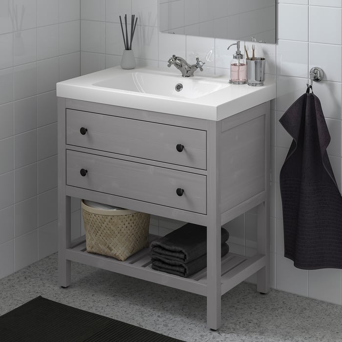 HEMNES / ODENSVIK Open sink with 2 drawers, gray/Runskär faucet