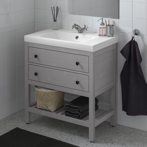 HEMNES / ODENSVIK Open sink with 2 drawers, gray/Runskär faucet