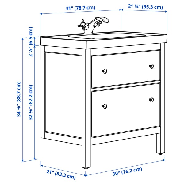 HEMNES / ORRSJÖN Bathroom vanity w/ drawers and sink, white, 31x21 3/4x34 7/8 "