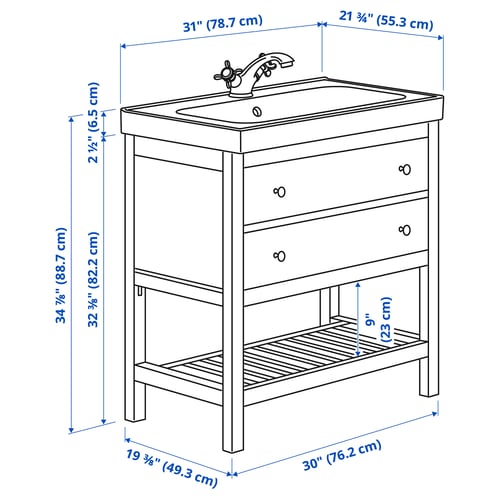 Illustration with measurements for the product: HEMNES.