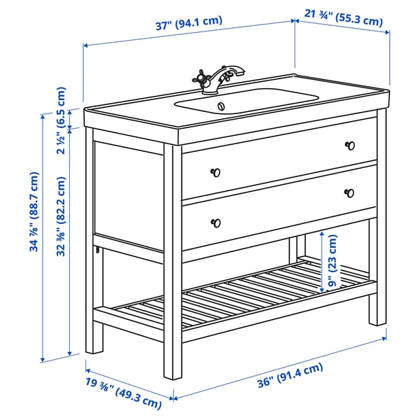 HEMNES / ORRSJÖN Open wash-stand w drawer/wash-basin, gray, 37x21 3/4x34 7/8 "