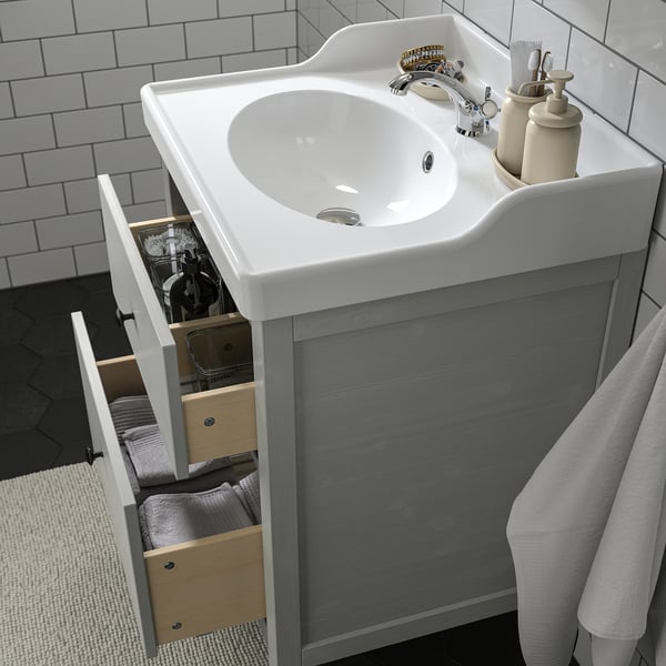 HEMNES / RUTSJÖN Bathroom vanity w/ drawers and sink, gray, 25 1/4x21 7/8x37 "