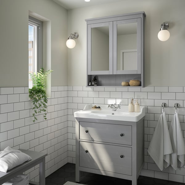 HEMNES / RUTSJÖN Bathroom vanity w/ drawers and sink, gray, 31 3/8x21 7/8x37 "