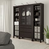 HEMNES Storage combination w doors/drawers, black-brown/clear glass, 74x77 1/2 "