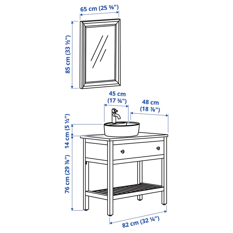 HEMNES / TÖRNVIKEN Bathroom furniture, set of 4, gray/Voxnan faucet