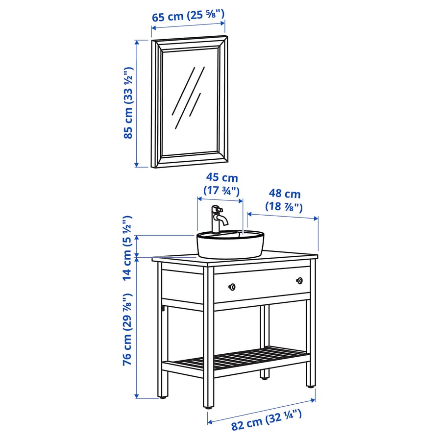 HEMNES / TÖRNVIKEN Bathroom furniture, set of 4, gray/Voxnan faucet