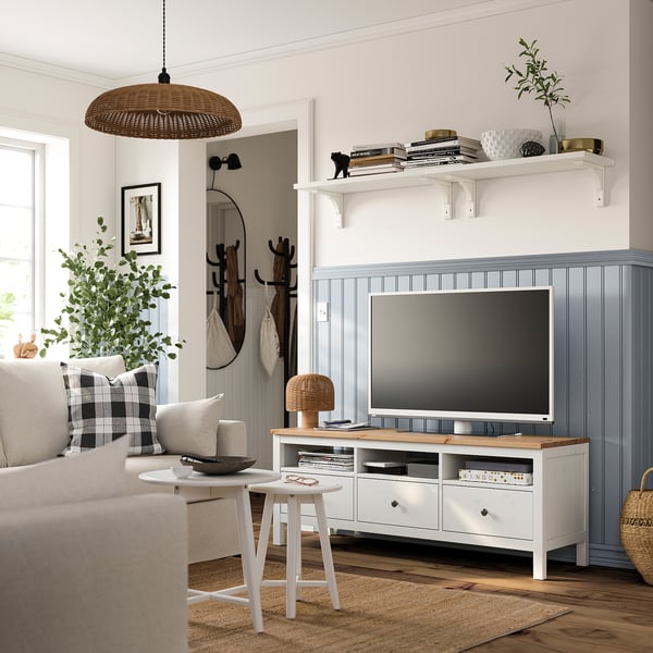 Cosy living room with HEMNES tv stand, sofa, pendant lamp, plant.