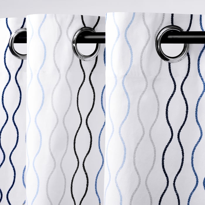 HENNY RAND curtains, 1 pair, white/dark blue/light blue/light gray