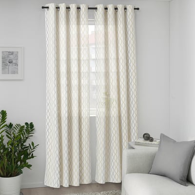 HENNY RAND Curtains, 1 pair, white/gray yellow, 57x118 "