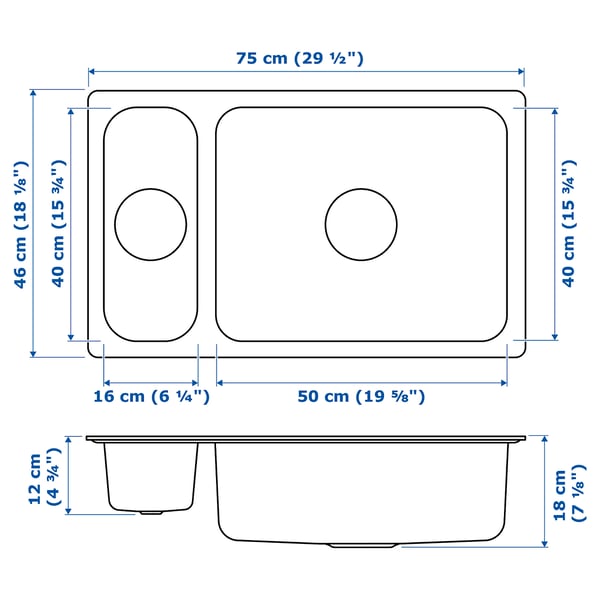 HILLESJÖN 1 1/2 bowl dual mount sink, stainless steel, 29 1/2x18 1/8 "