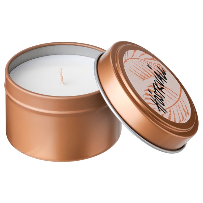 HÖSTKVÄLL scented candle in metal cup, Cinnamon & sugar/copper color, 2" IKEA